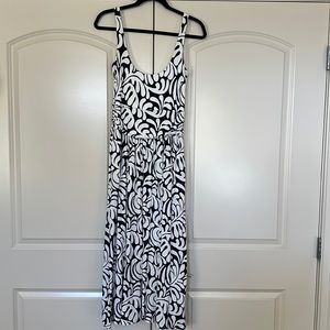 Boden soft jersey sleeveless midi dress ruched waist navy white tank style US 6